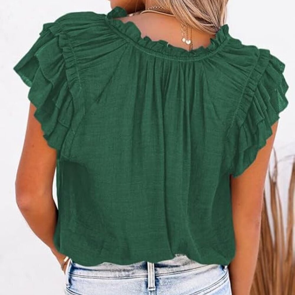 Dokotoo V-Neck Top Adjustable Drawstring Ruffled Cap Sleeves Deep Green W US XL - Picture 7 of 7